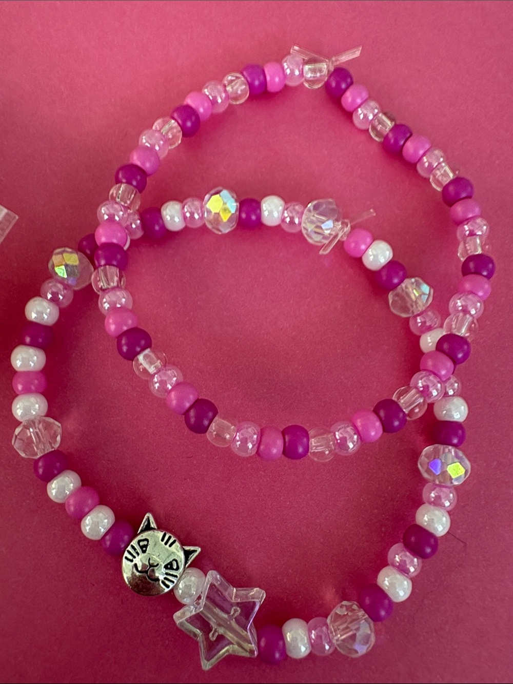 Pink Beaded Cat & Star Bracelet Set